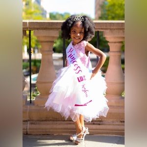 Light pink tulle dress with lace detail and train.